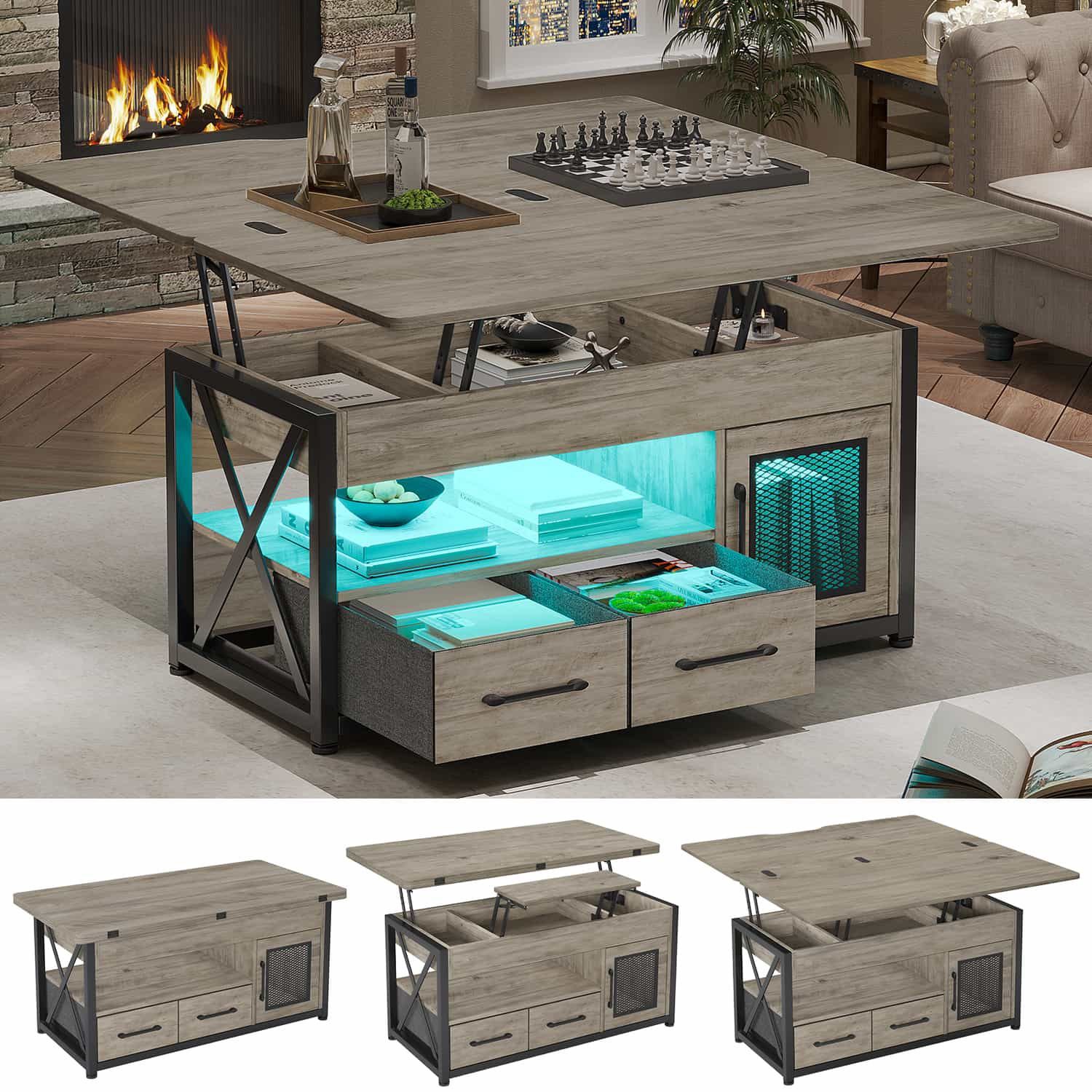 40" Lift Top Coffee Table, 4 in 1 Coffee Tables with Storage Cabinet for Living Room, Small Farmhouse Coffee Table with 2 Fabric Drawers & LED Light f