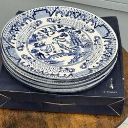 10.5" English Willow  Eaton Fine Dining Blue/White Dinner Plate Set Of 8 New 