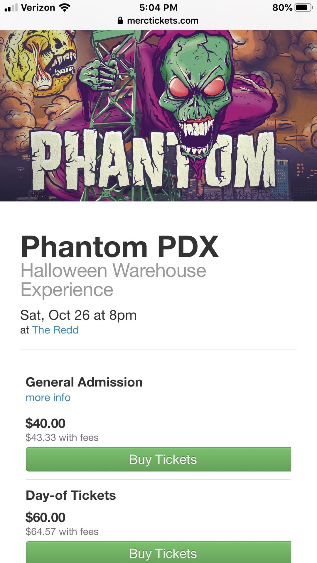 Phantom PDX show tickets Oct 26th