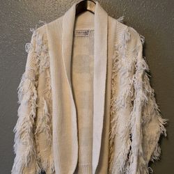 Maurada Textured Ruffle Feather Knit Cardigan, Cozy Cream Sweater Jacket, Large
