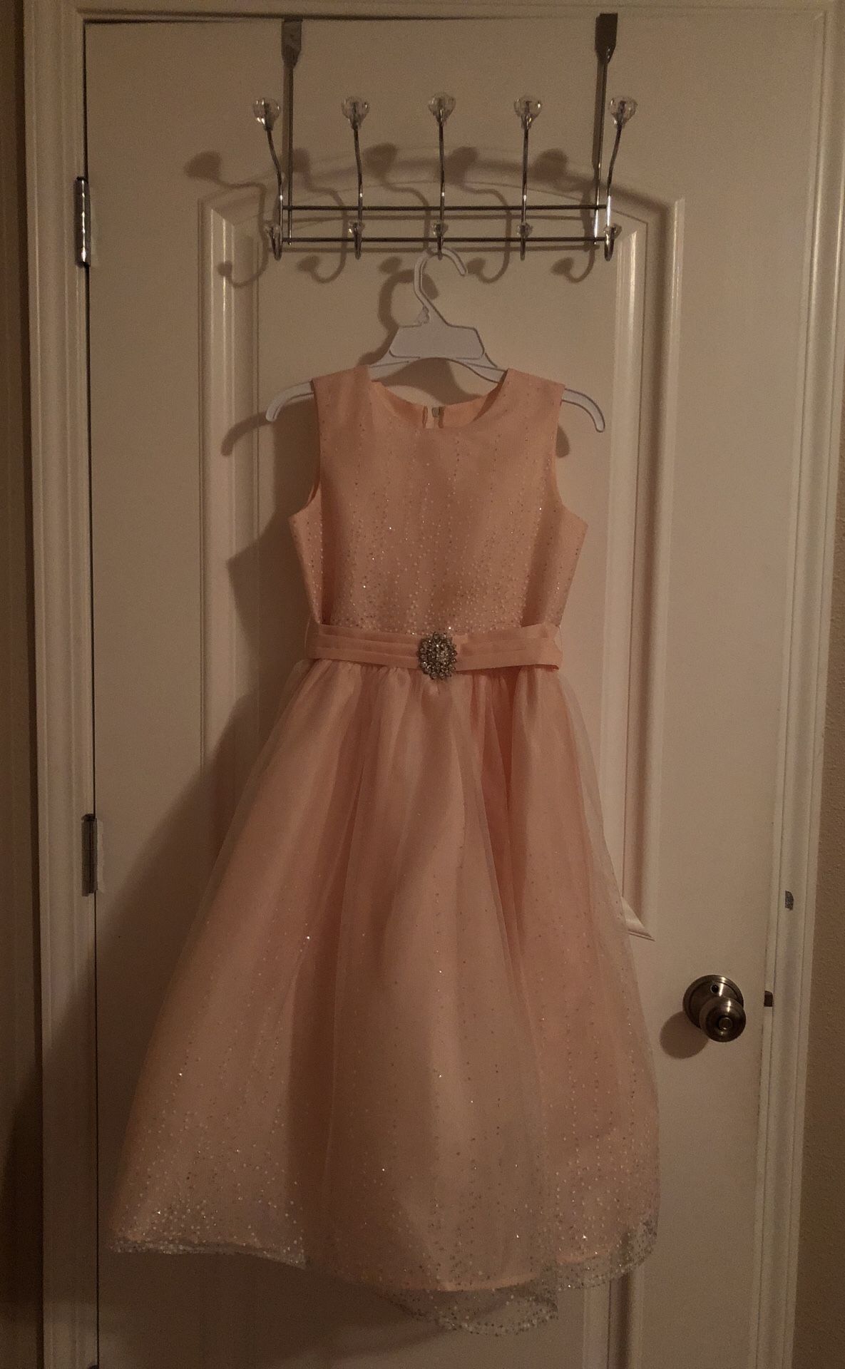 Size 8 flower girl dress, fancy pastel coral color with beautiful sparkles