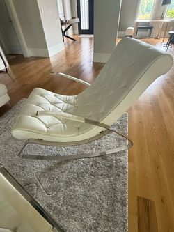 Mid-Century Modern White Tufted Leather & Chrome Rocking Chairs