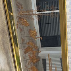 Vintage Oriental Asian Hollywood Regency Wall Mirror w Etched Gold Crane Birds 
