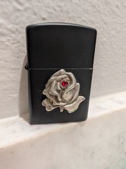 Black matte refillable pocket oil lighter with Pewter Rose & Red Gemstone
