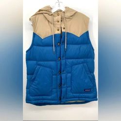 Patagonia Bivy Blue Tan Colorblock Hooded Puffer Vest Women Large Or Men Medium