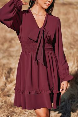 X Macy Burgundy Autumn Air Bow Tiered Ruffled Mini Dress