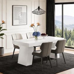55" White Modern Dining Table, Double Trapezoid Base and 4 PU Leather Chairs.