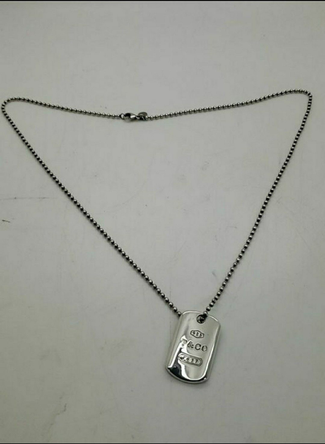 Tiffany & Co 925 sterling silver 1837 dog tag bar and silver bead chain