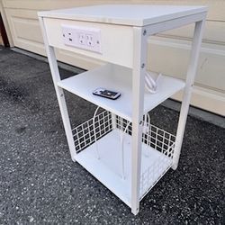 LELELINKY White Side Table with Storage, Small End Table Printer Stand for Small Spaces, Record Player Stand with Vinyl Storage, With Charger Station