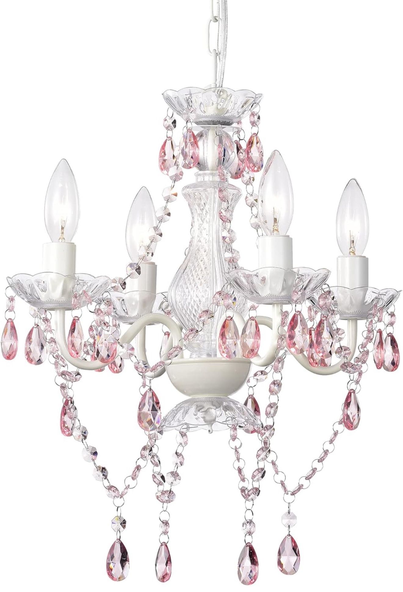 Pink Chandelier White Chandeliers Lighting with Acrylic Crystals Mini 4 Lights Pendant Light for Bedroom and Girls Room