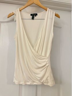 RALPH  LAUREN Women Off White Stretch Knit Surplice V-neck Sleeveless Top Small