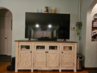 Matching Farmhouse TV Stand + Side Table Set – Great Storage + Built-In Outlet