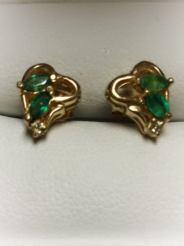 14K Yellow Gold Earrings with Emeralds & Diamond