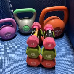 pair of 3,6 and 9lb neoprene dumbbells and 5 and 15lb kettebell 
