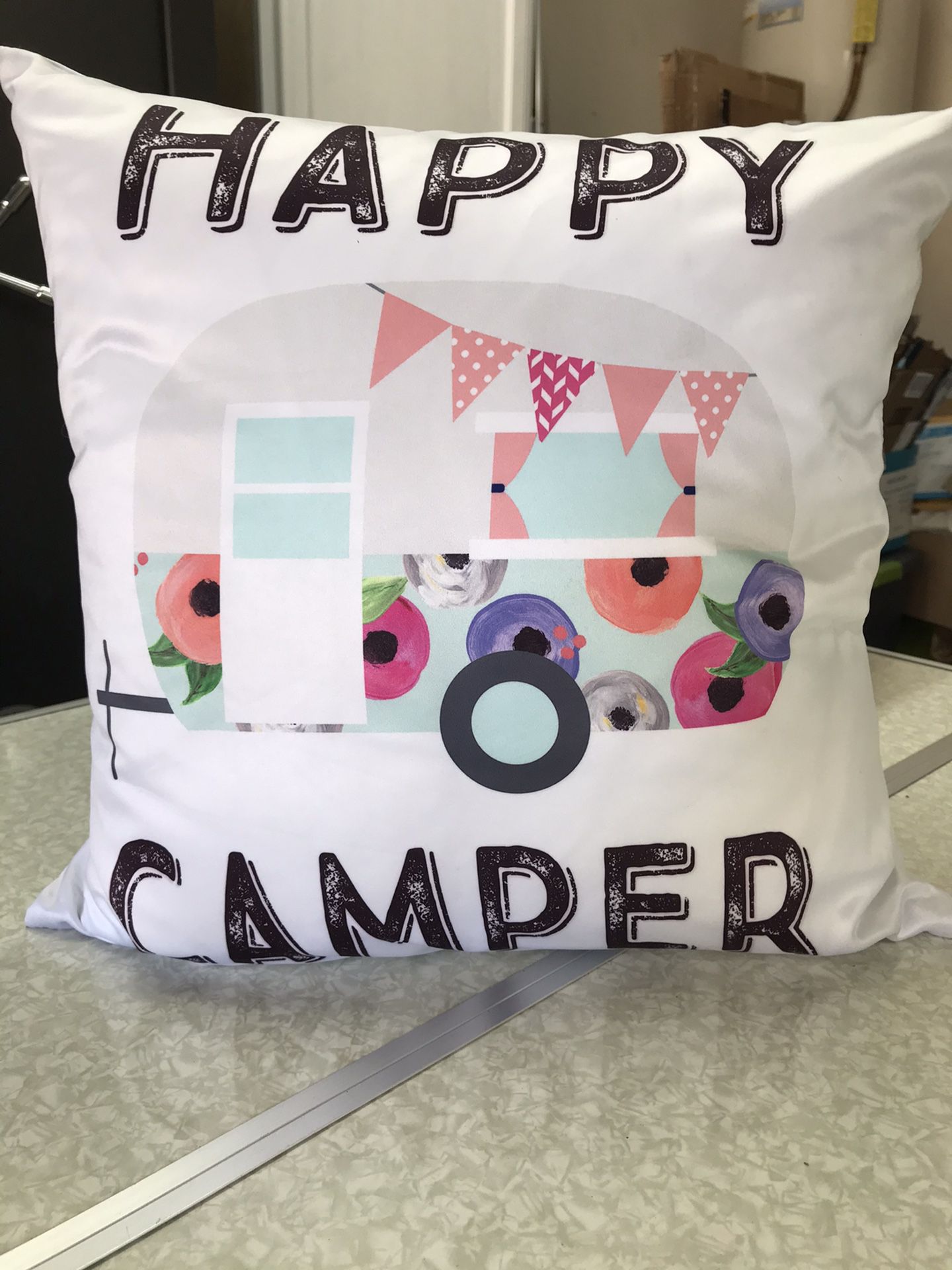 Silk fabric happy camper pillow. Never used