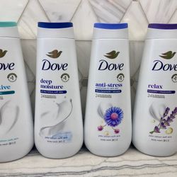 Dove body wash -  sensitive hypoallergenic; deep moisture; anti-stress with blue chamomile and oat milk; and relax with lavender and chamomile. New