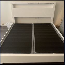 Furniture of America Gloss White King Size Bed Frame with Lighting Headboard and Box Spring 