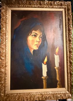 Signed Woman with Candles Portrait - Ornate Gold-Tone Frame - Wall Art