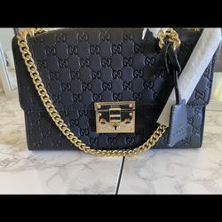 New Gucci Black Leather Gold Vintage GG Crossbody Briefcase Shoulder Bag Purse