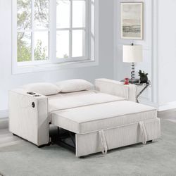 💝 Convertible Sofa Bed, Beige Corduroy, 2 Cup Holders, USB Ports, New in the Box.
