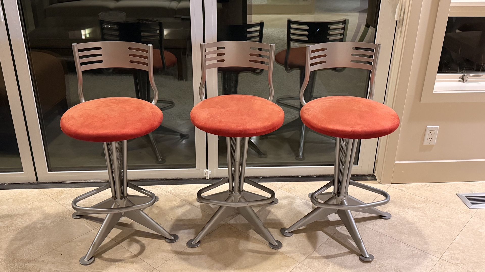 Modern Silver Swivel Bar Stools with Red Seats, Set of 3