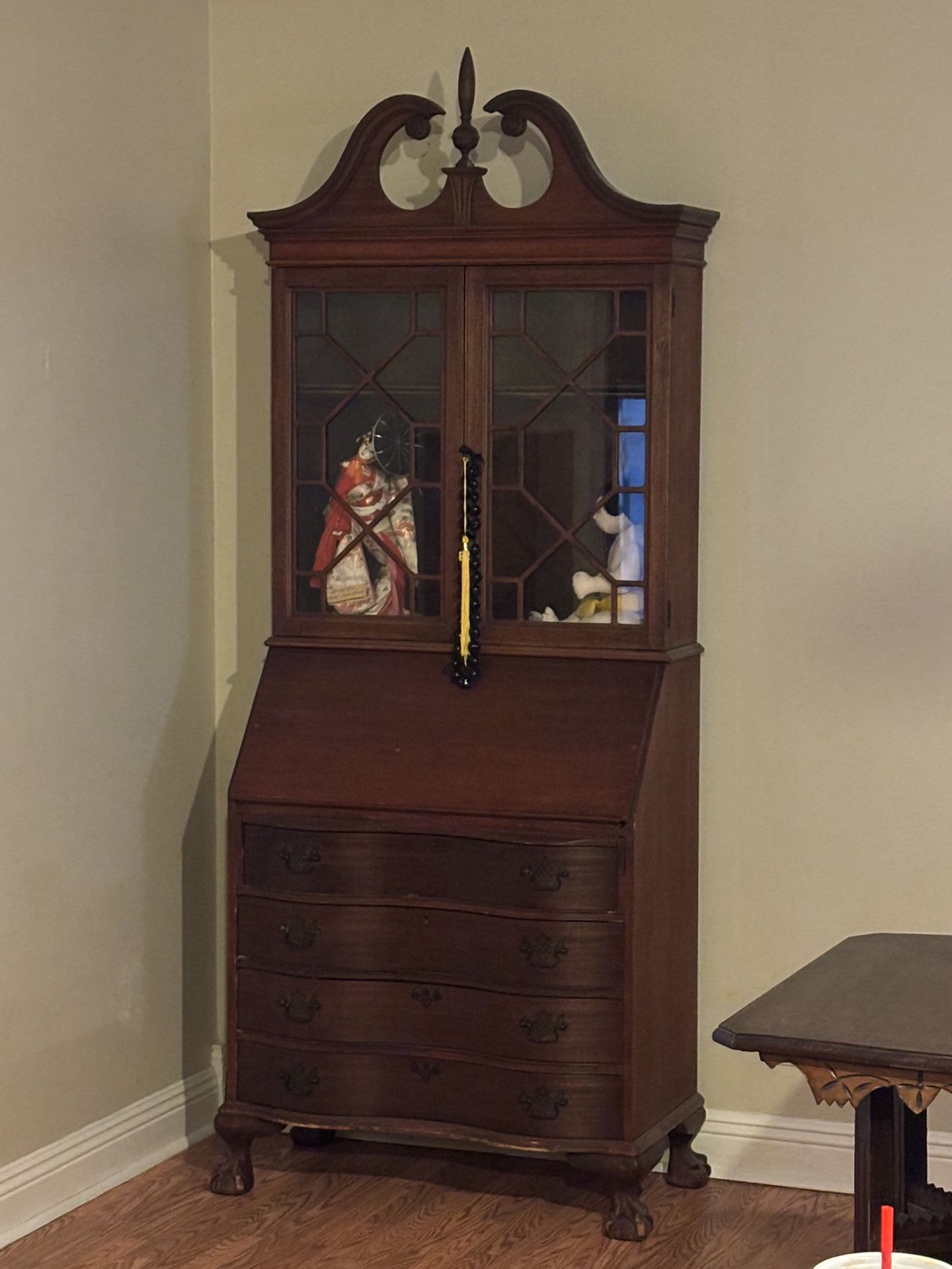 Antique Walnut Secretary Desk Chippendale Style Bookcase