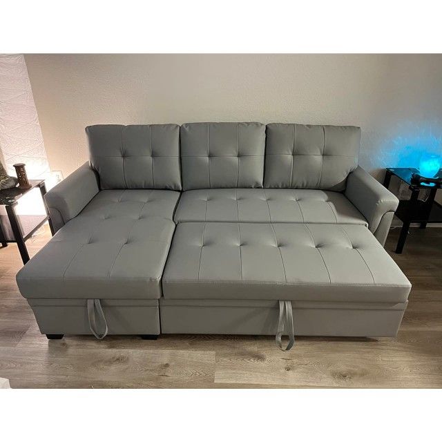 Gray Vegan Leather Modern Reversible Sleeper Sectional Sofa with Storage Chaise 83.5"W X 53"D X 34"H