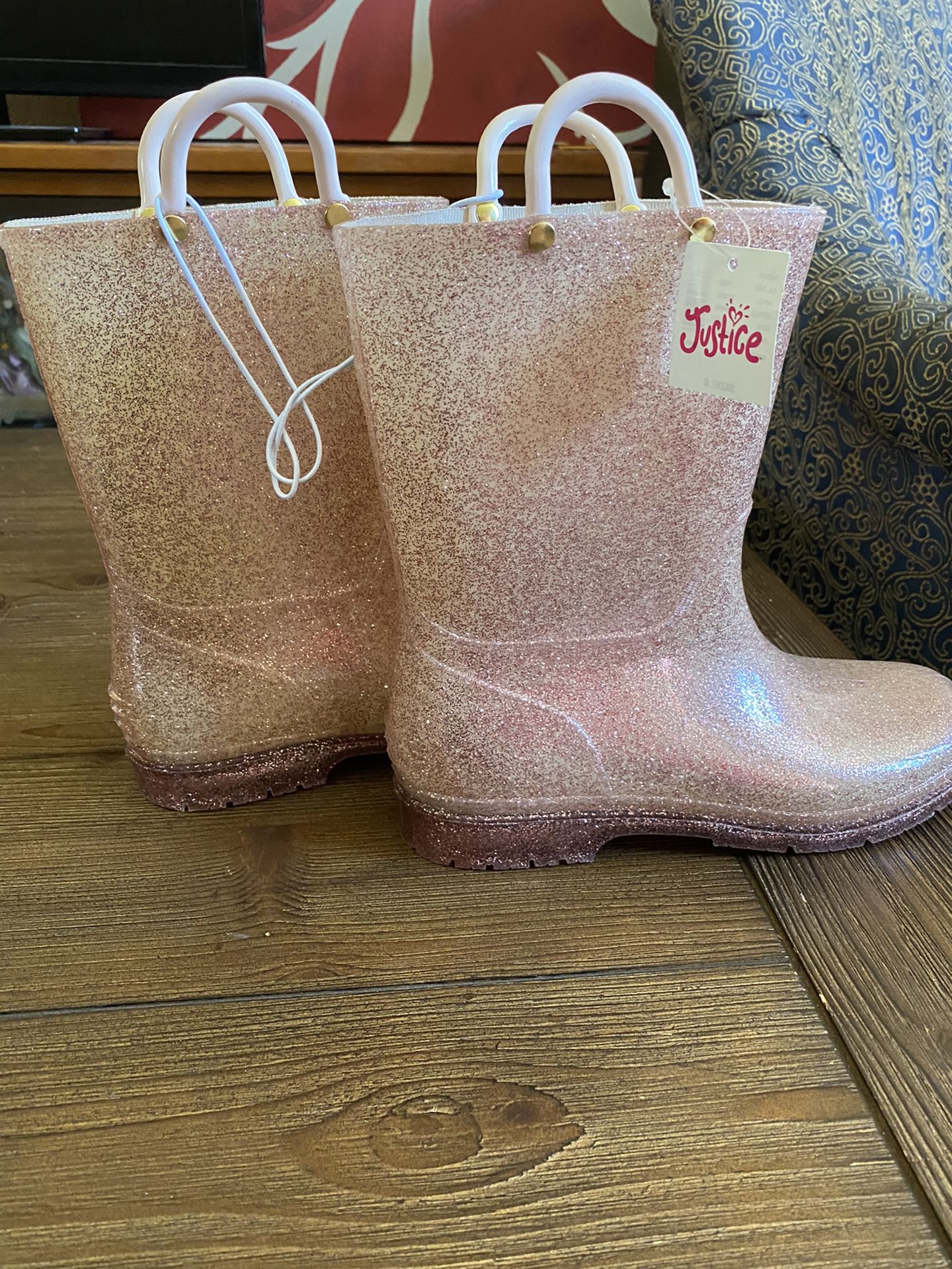 Rose gold Justice rain boots size 6