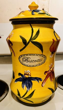 Nonni's Biscotti Handmade Tall Large Yellow Flowers Ceramic Lidded Cookie Biscuit Jar 12.5"