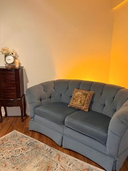 Vintage Tufted Dusty Blue Velvet Loveseat