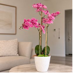 Artificial 16-30" Watercolor Pink Premium Orchid  in 5" White Ceramic Pot, House Plant