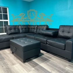 Reversible Sectional And Ottoman Set Black, Sofa And Chaise New 