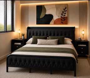 King Bed Frame with Charging Station, Heavy Duty Platform with black Upholstered K-1