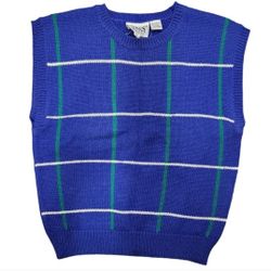Vintage Russ Petites Size Small Blue Green Plaid Wool Blend Sweater Vest