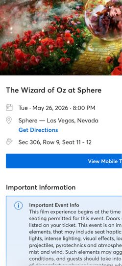 2- Wizard of Oz tickets at Sphere