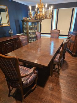 Large French Provincial Parquetry Dining Table & 8 Upholstered Chairs