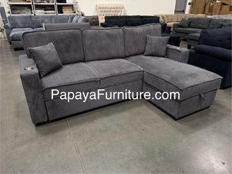 New! 89”L Reversible Grey corduroy Sectional Sofa Bed, Sectional Sofa Bed, Grey Sofa, Pullout Sleeper Sofa, Gray Couch Small Living Room Space Saving