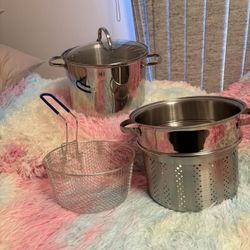 A Quart Stainless Steel Pasta Pot With Colander And Deep Fryer Insert
