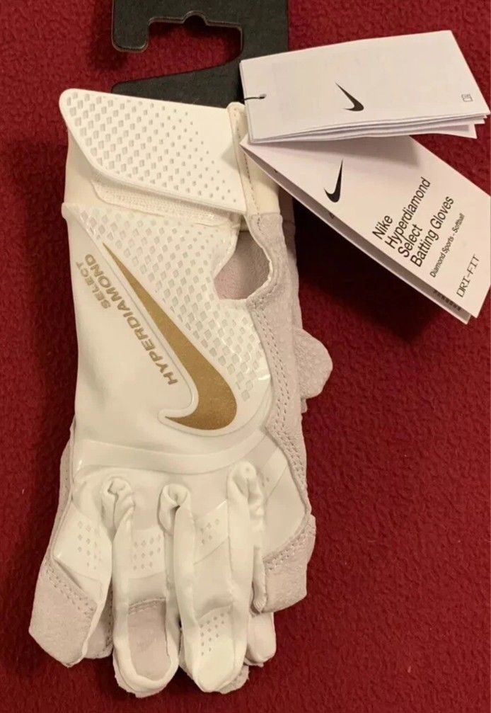 Brand New Nike Hyperdiamond Select White Gold Softball Batting Gloves Diamond Sports Women Girls Size Medium
