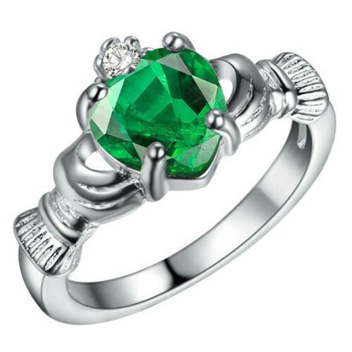 1.2 CT Emerald Green Heart Crown CZ Silver Size 10