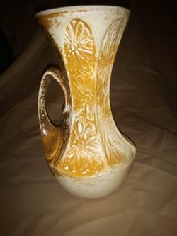 Vintage McCoy Pottery 619 USA Beige Vase Pitcher Floral Design 8.5”