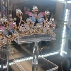 Gold Tone Crystal, Faux Pearl and Mesh Butterfly Tiara