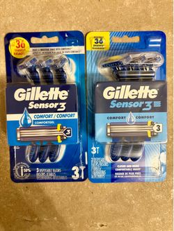New Gillette Sensor3 disposable razors. Each pack has 3 razors. Has Comfortgel for a smoother shave. Unopened packages