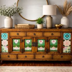 Solid Wood Artisan Sideboard with Vintage Japanese Fujimiyaki Majolica Tiles