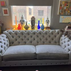 Custom Tufted Grey Velvet Sofa 