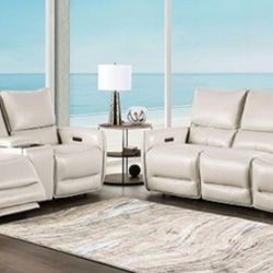 Brand New Beige Top Grain Leather Power Reclining Sofa & Loveseat 