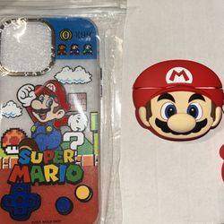 Mario Phone Case And AirPod Pro Case For 14 ProMax 