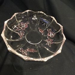 Vintage Depression Era Glass candy dish with pink roses  3/4”
