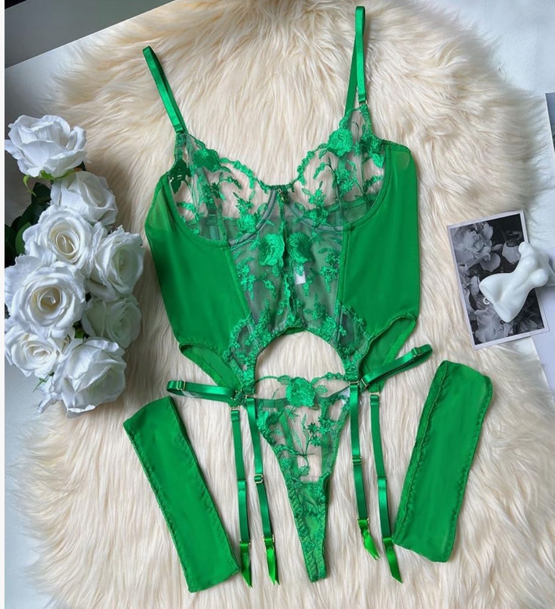 Small Green Lingerie Sets for Women Classy,Lace Womens Corset Teddy Lingerie 3 Piece with Garter Belt