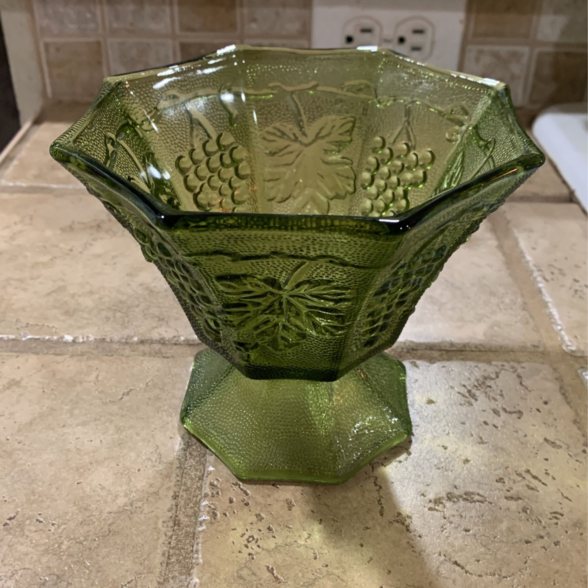Vintage Anchor Hocking Green Glass Vase with Grape & Leaf Pattern